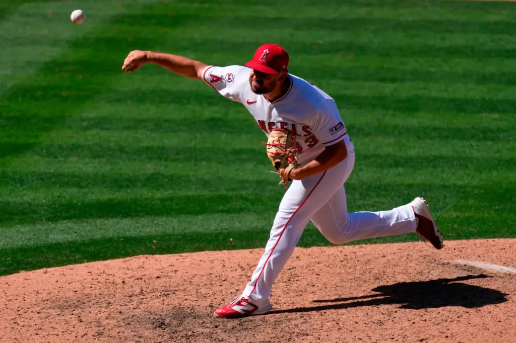 Angels relief pitcher Chase Silseth throws to the plate during...