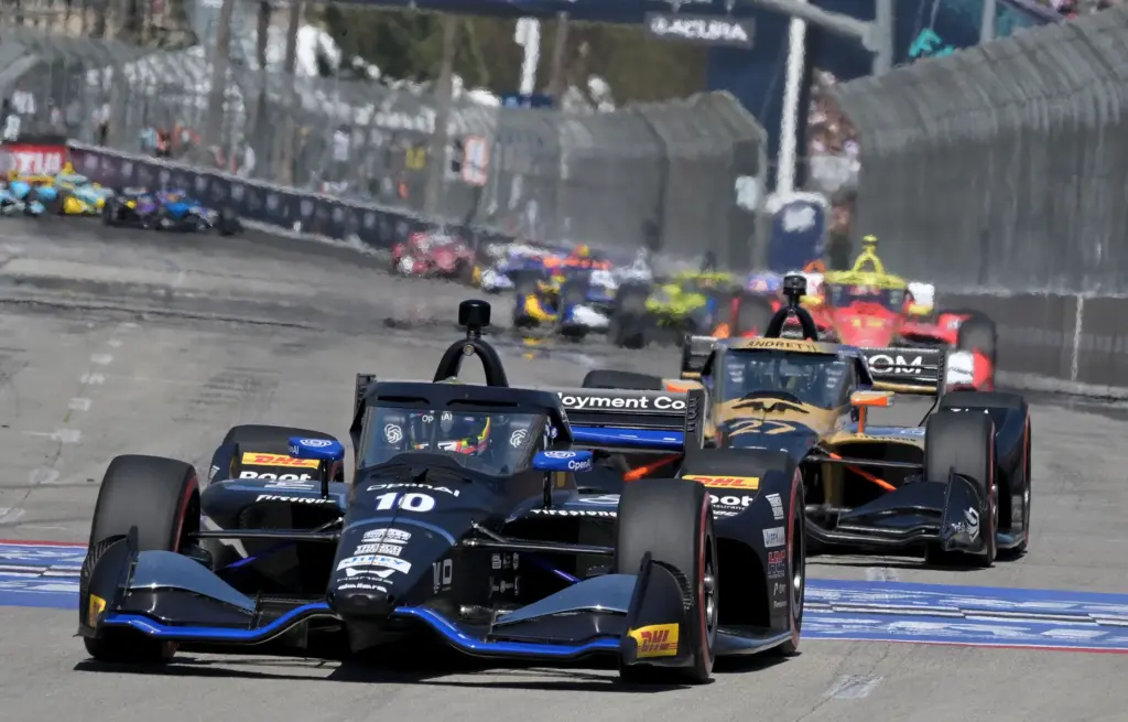Indycar driver Alex Palou races down Shoreline Drive during the...