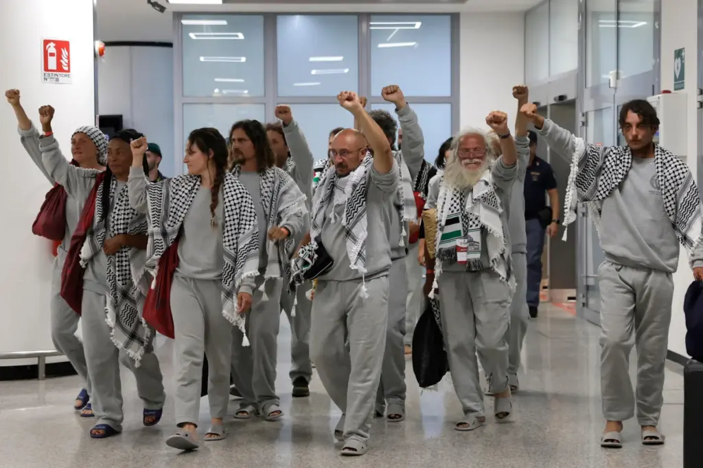 Italian members of the Global Sumud Flotilla arrive at the...