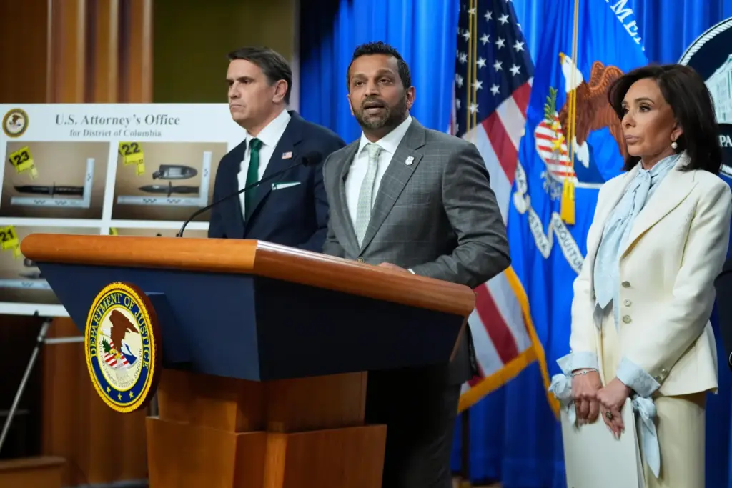 From left, Acting Attorney General Todd Blanche, FBI Director Kash Patel and U.S. Attorney Jeanine Pirro, speak during a news conference