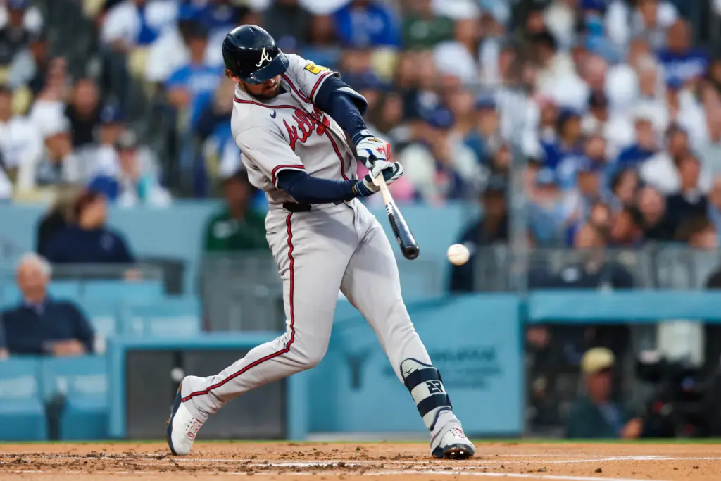 The Atlanta Braves’ Austin Riley hits an RBI single during...
