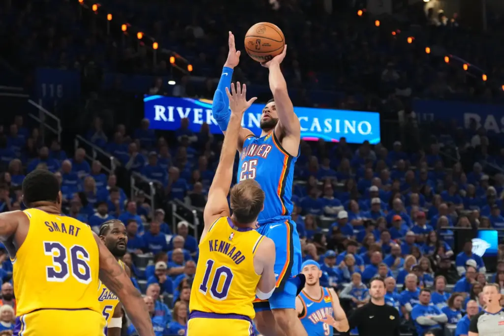 Oklahoma City Thunder guard Ajay Mitchell shoots as Lakers guard...
