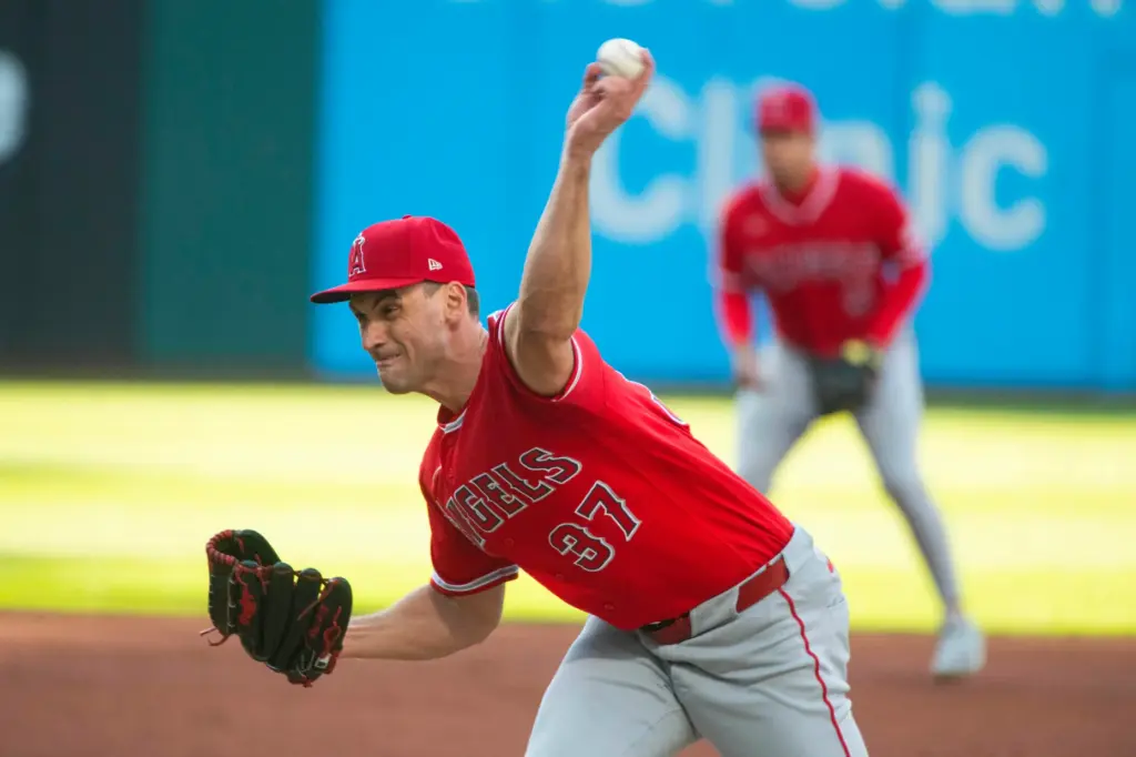 Angels opening pitcher Brent Suter throws to the plate during...