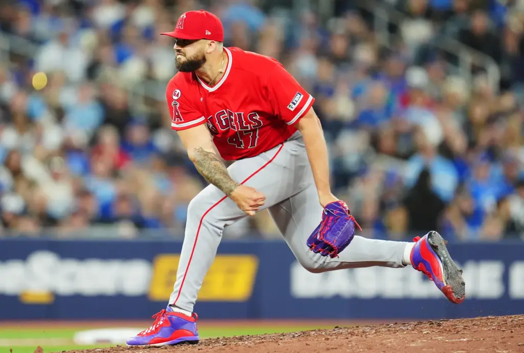 Angels pitcher Alek Manoah throws to the plate during the...