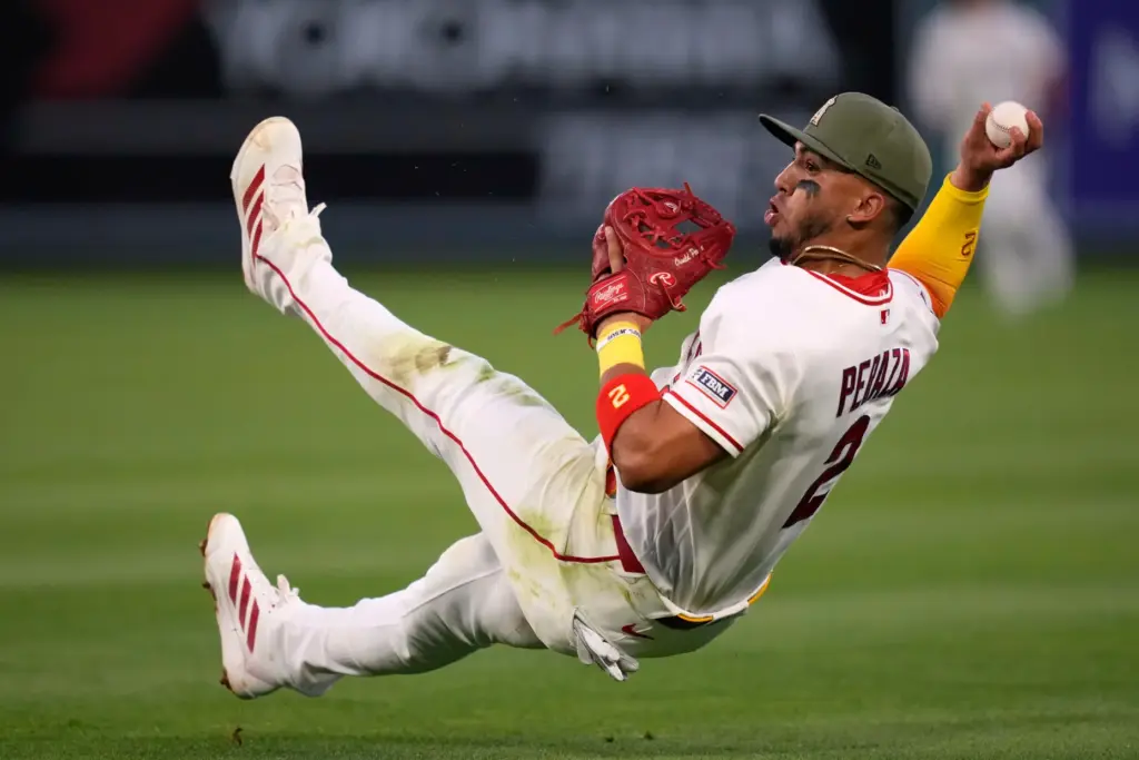 Angels second baseman Oswald Peraza throws out the Dodgers’ Hyeseong...