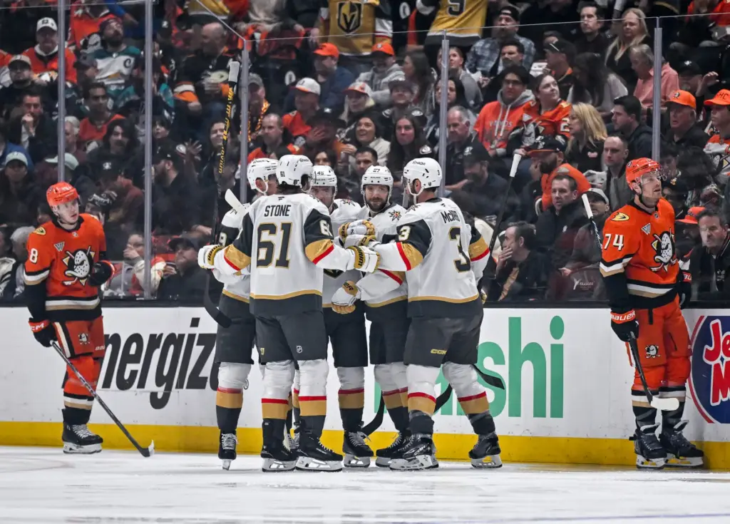 The Vegas Golden Knights celebrate a goal during the first...