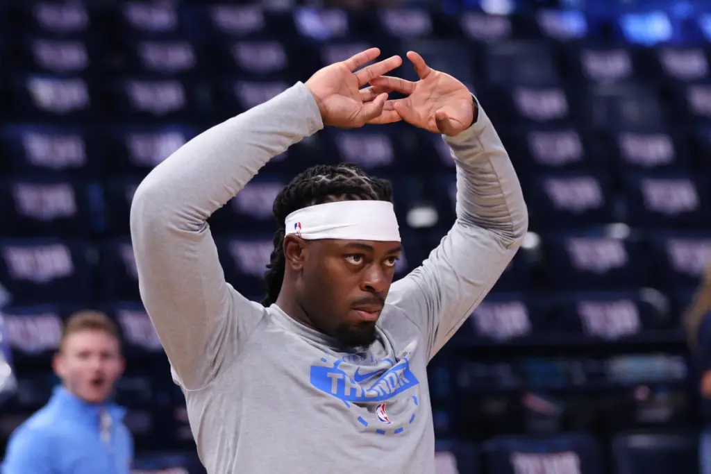 Oklahoma City Thunder guard Luguentz Dort warms up before Game...