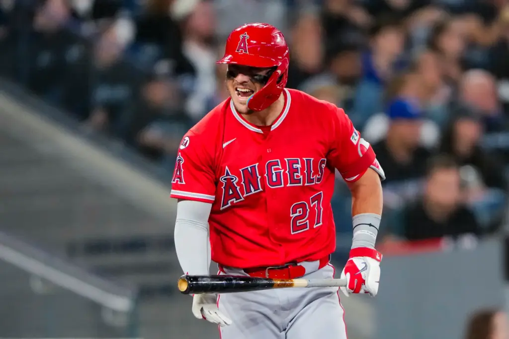 Angels star Mike Trout shows his frustration with an umpire’s...