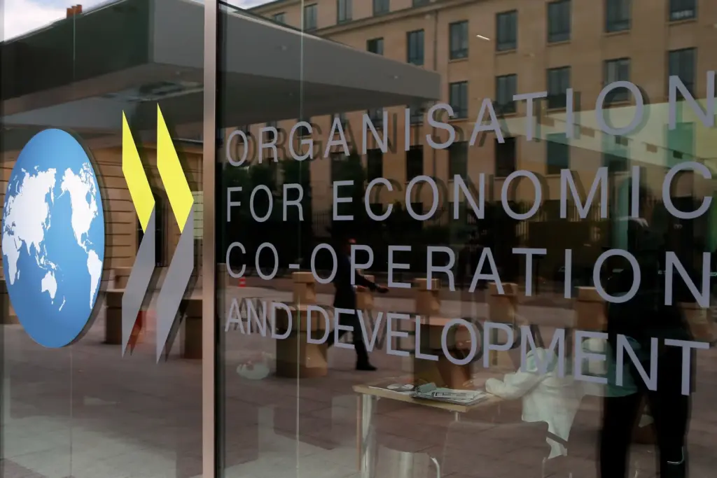 The logo at the entrance of the Organisation for Economic Co-operation and Development in Paris.