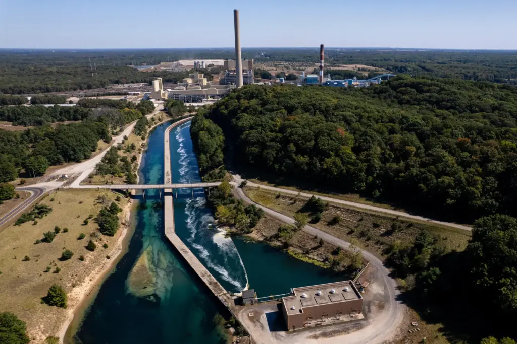 FILE – An aerial image of Consumer Energy’s J.H. Campbell...