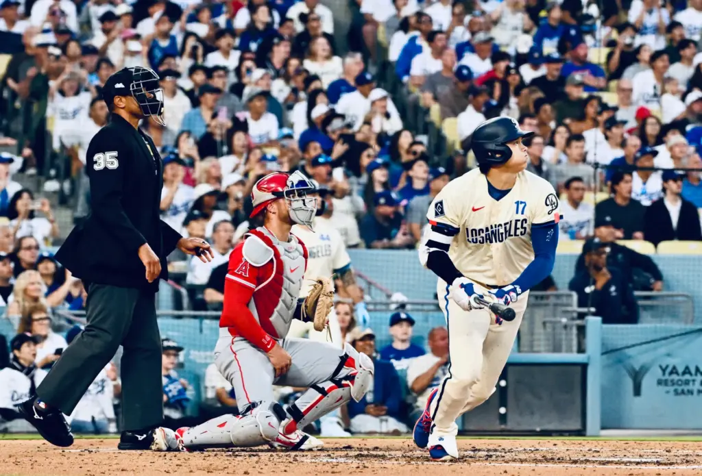 Shohei Ohtani #17 of the Dodgers hits a two run...