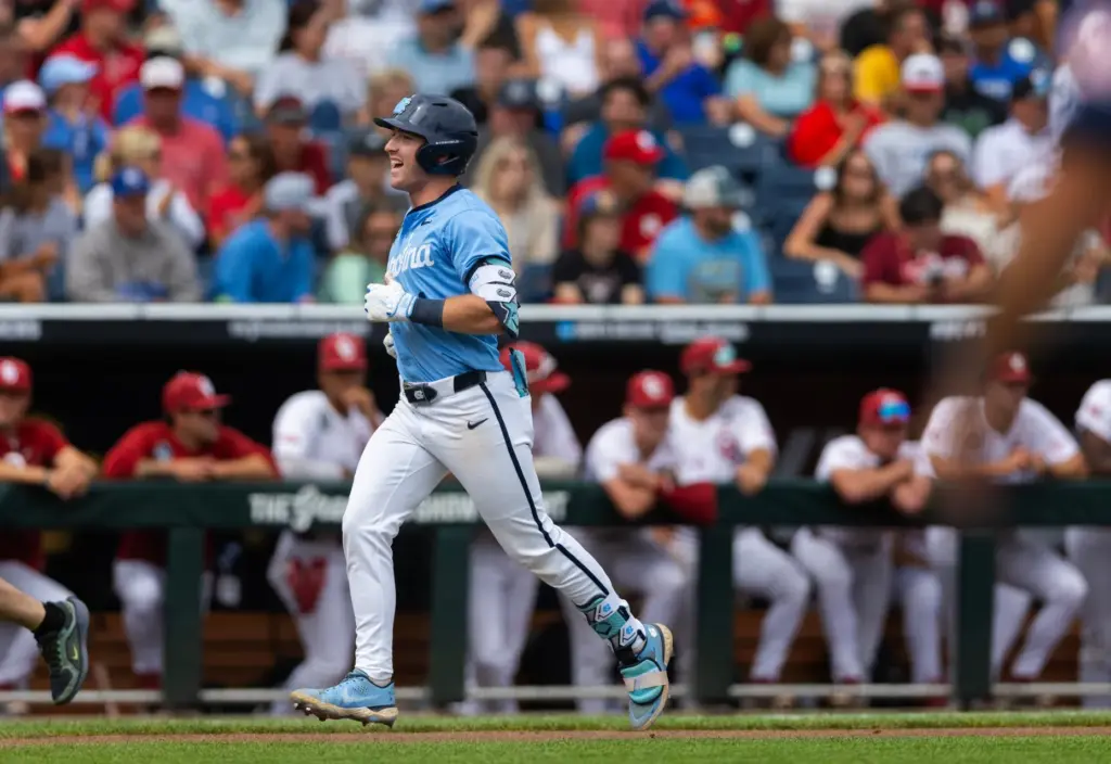 North Carolina’s Cooper Nicholson celebrates after hitting a two-run home...