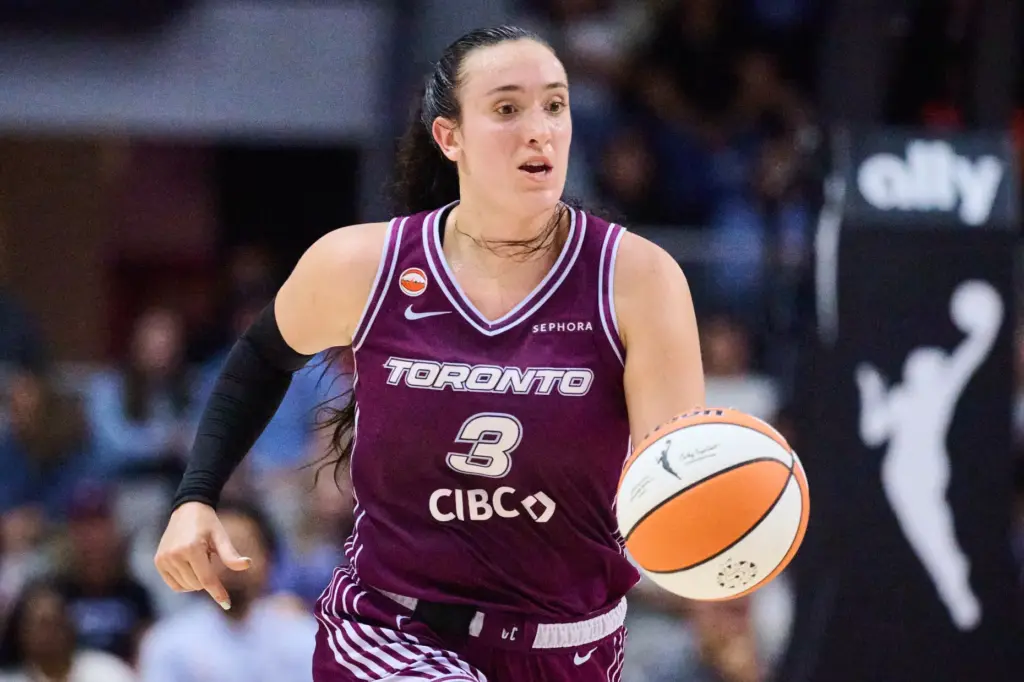 The Toronto Tempo’s Marina Mabrey pushes the ball up the...