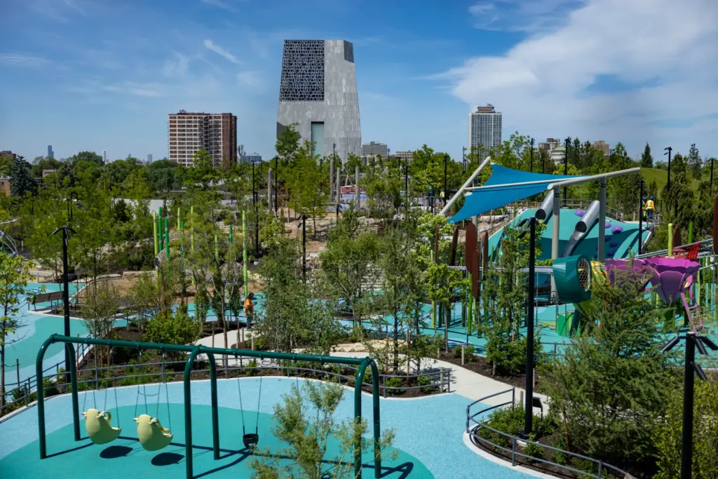 A view from the Home Court shows the playground and...