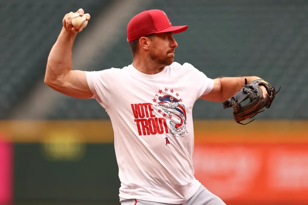 Angels infielder Donovan Walton wears a “Vote Trout” T-shirt while...