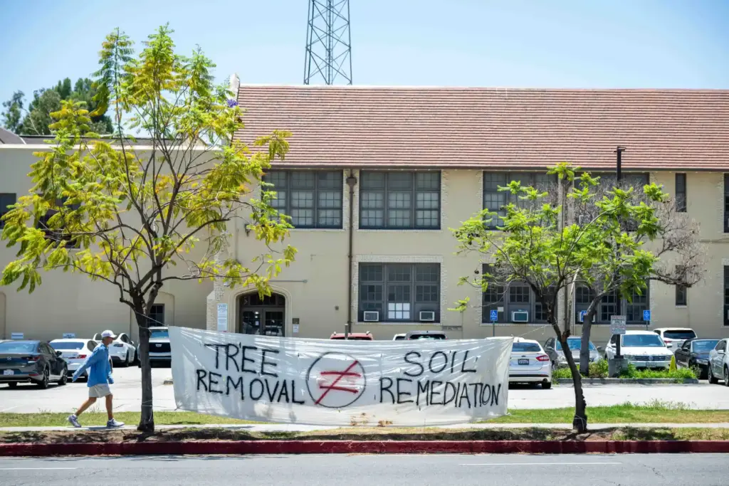 A sign is hung at Pasadena Unified School Districtâs headquarters...