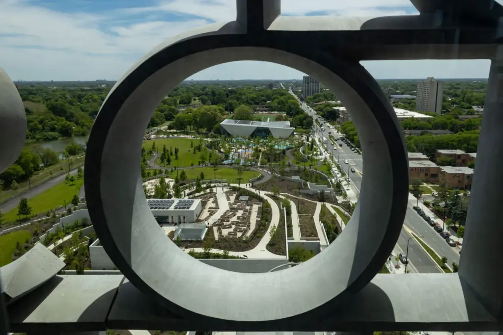 A view of the campus from the Sky Room as...
