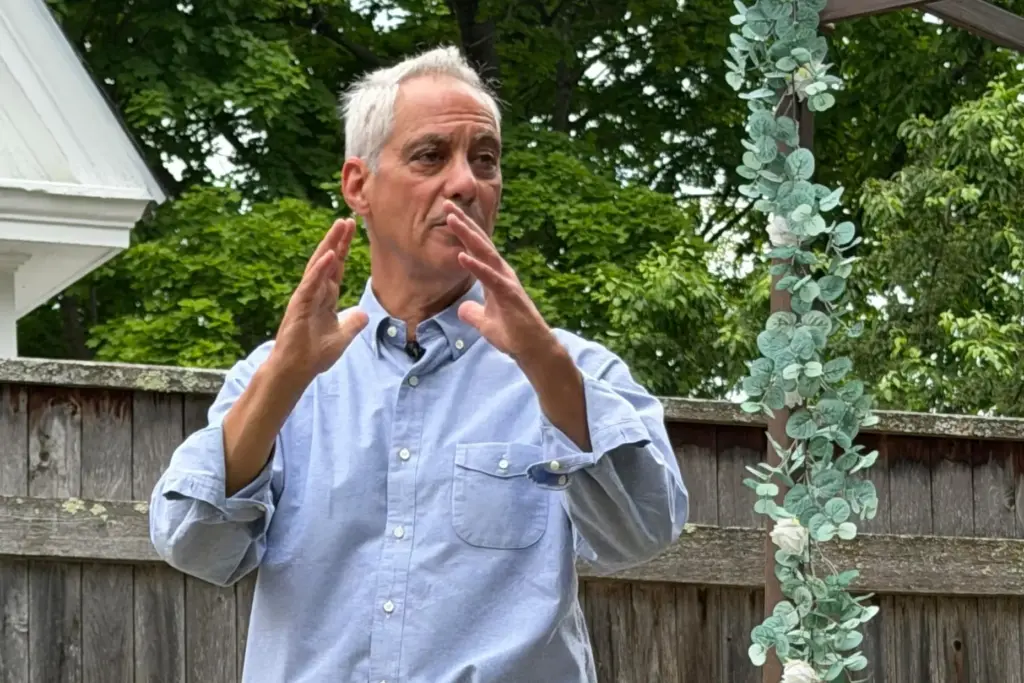 Rahm Emanuel speaks at a house party in Concord, New Hampshire.
