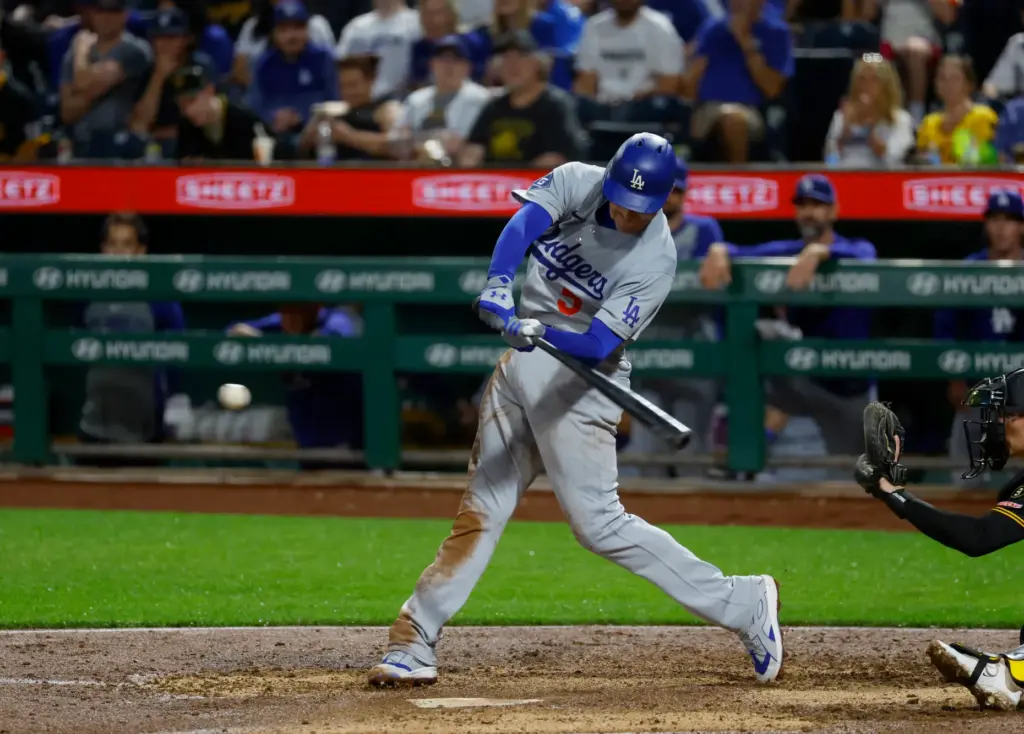 The Dodgers’ Freddie Freeman gets his 2,500th career hit during...