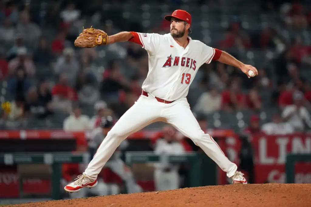 Angels relief pitcher Drew Pomeranz throws to the plate during...