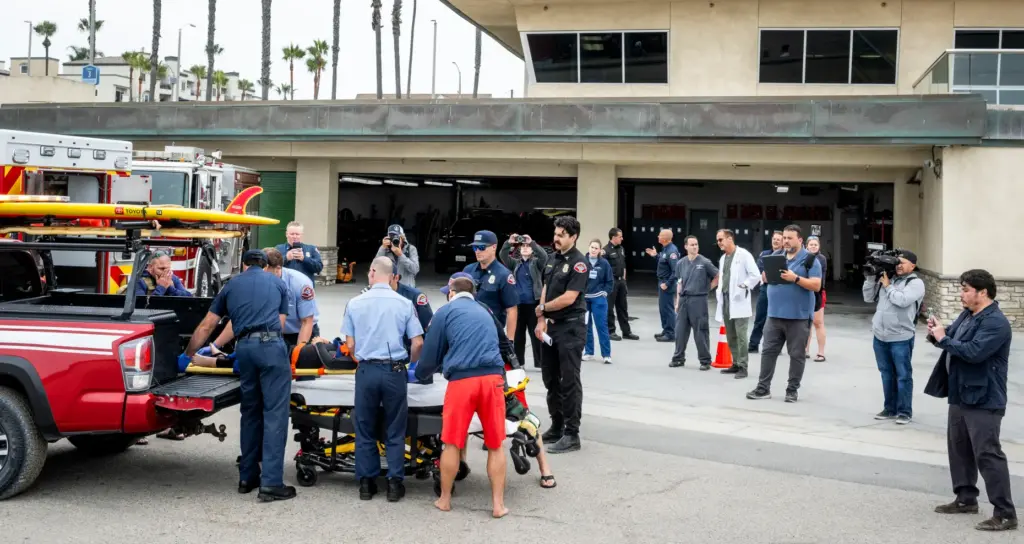 UCI Health staff, Huntington Beach lifeguards and media watch as...