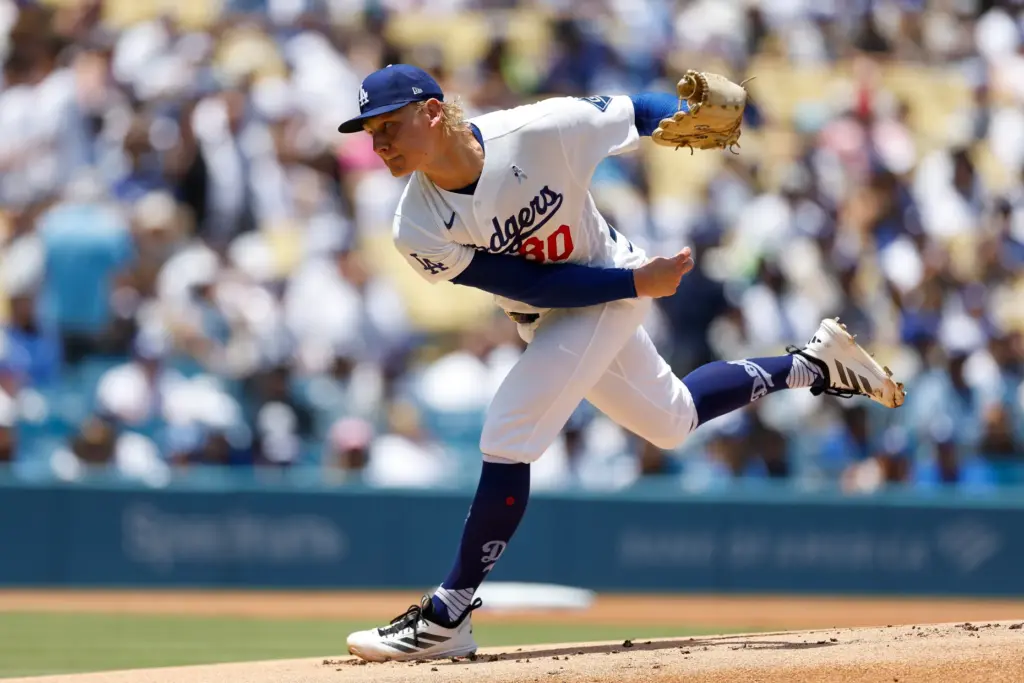 Dodgers starting pitcher Emmet Sheehan throws during the first inning...