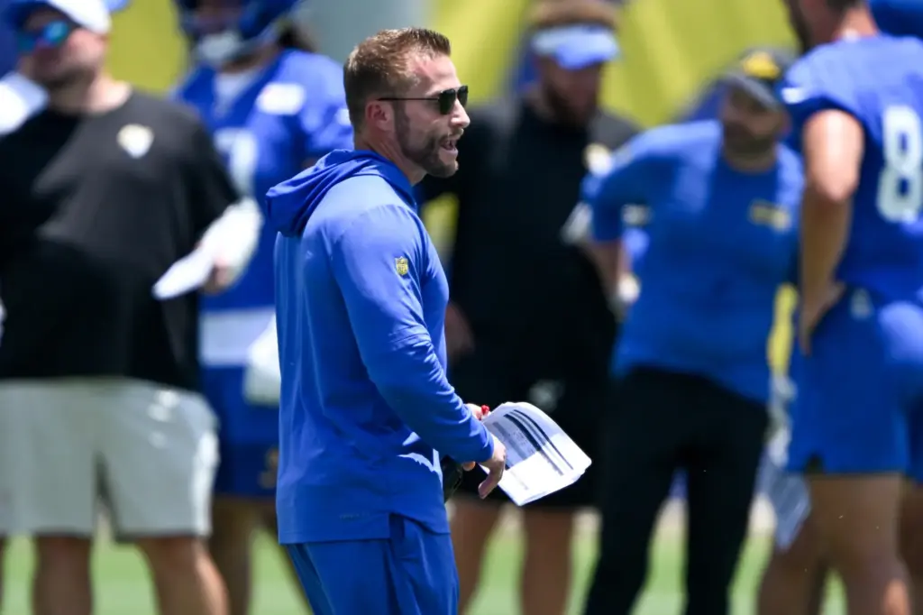 Rams head coach Sean McVay looks on during an OTA...