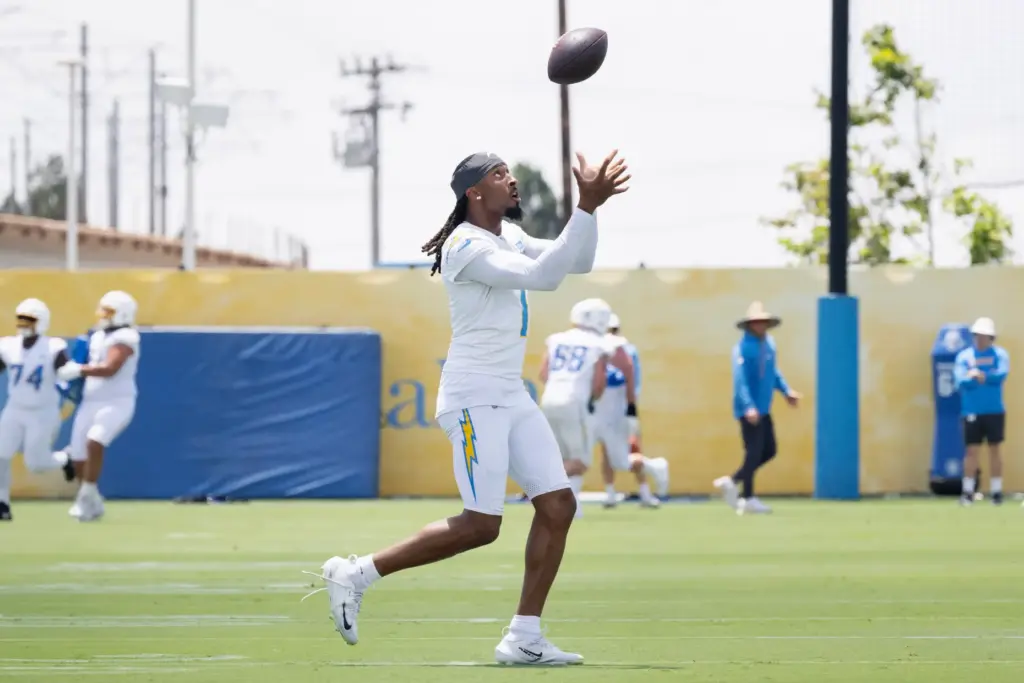 Chargers wide receiver Quentin Johnston catches a short pass during...