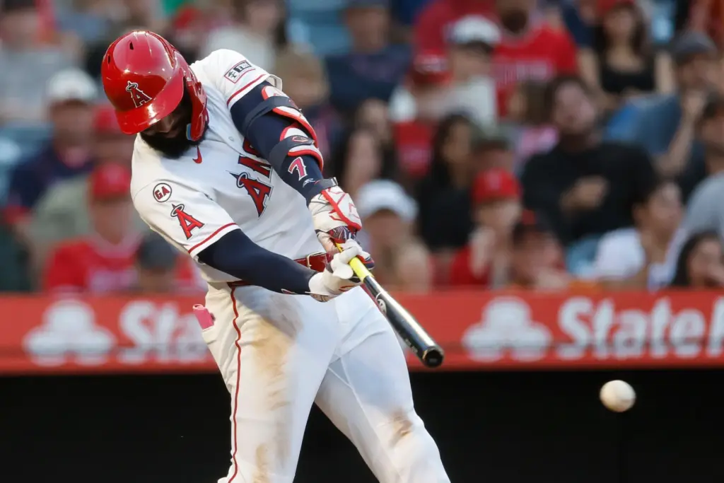 Angels’ Jo Adell hits a two-run triple during the fourth...