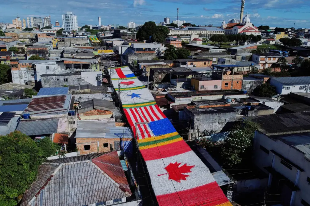 Decorations adorn a street ahead of the 2026 FIFA World Cup, in Manaus, Brazil.