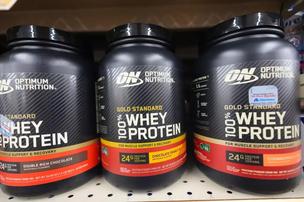 Whey protein sits for sale at a grocery store, Wednesday,...