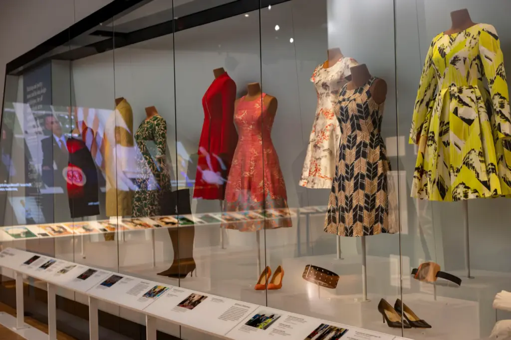 Some of first lady Michelle Obamaâs dresses are displayed in...