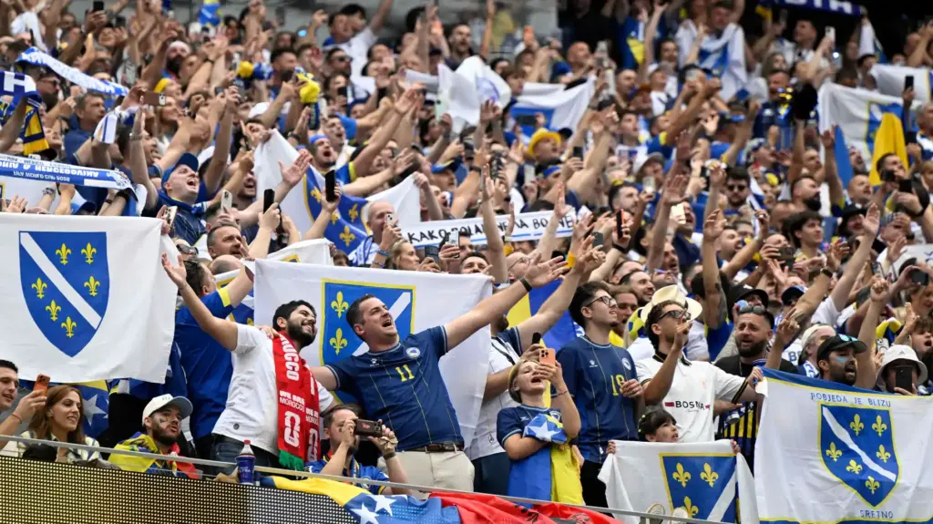 Bosnia-Herzegovina fans cheer during pregame activities prior to playing Switzerland...