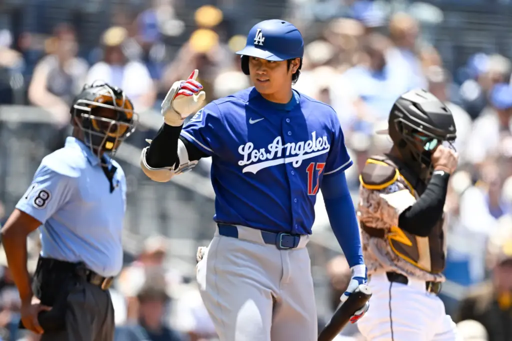 Dodgers designated hitter Shohei Ohtani (17) comes up to bat...