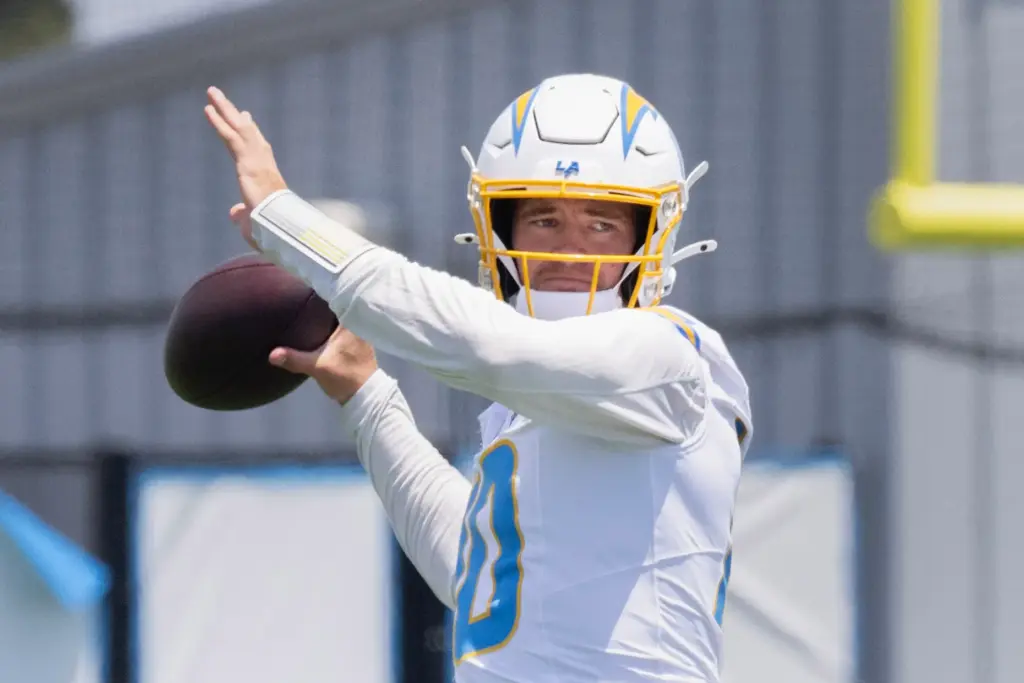 Chargers quarterback Justin Herbert throws a short pass during a...