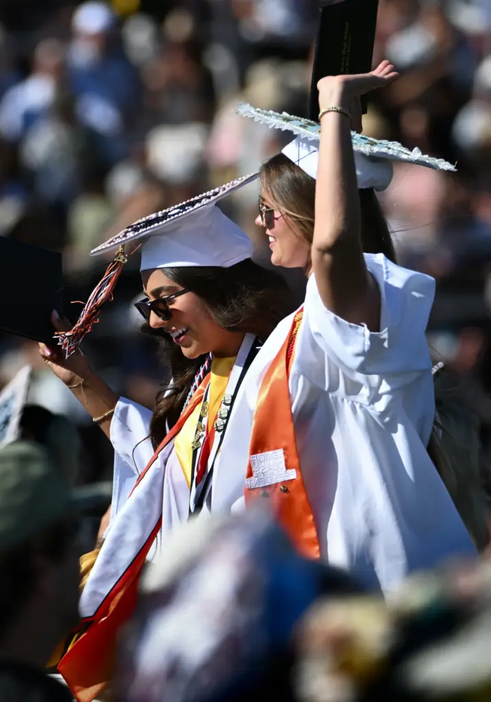 Graduates show your enthusiasm after receiving their diploma during the...