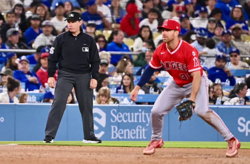 Third base umpire Jen Pawol in the sixth inning of...