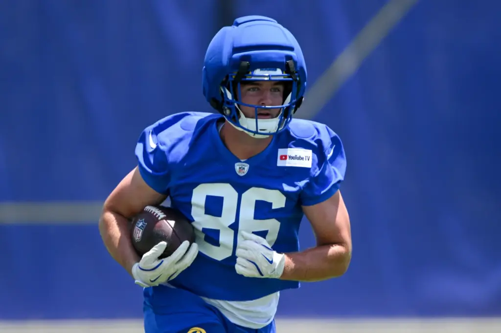Rams tight end Max Klare goes through drills during an...