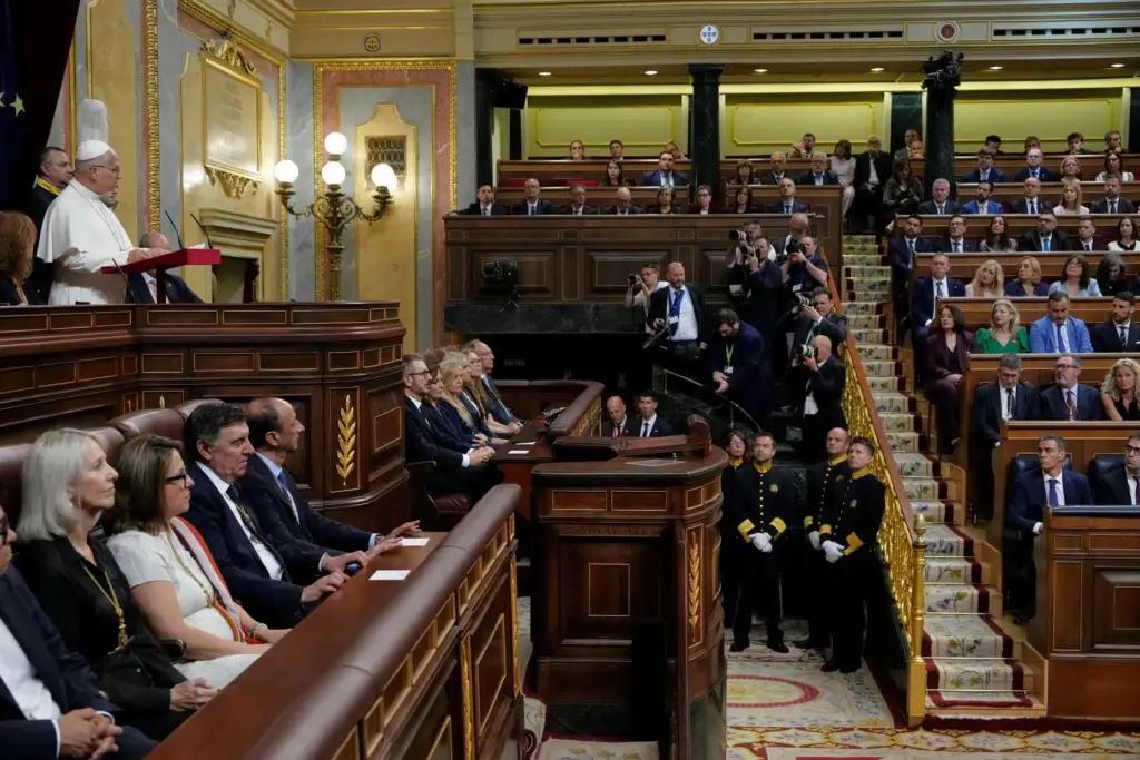 Pope Leo XIV delivers his speech as he meets with members of the Spanish Parliament.