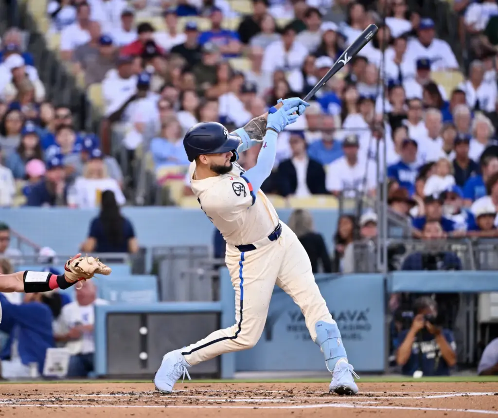 Andy Pages #44 of the Dodgers hits a two run...