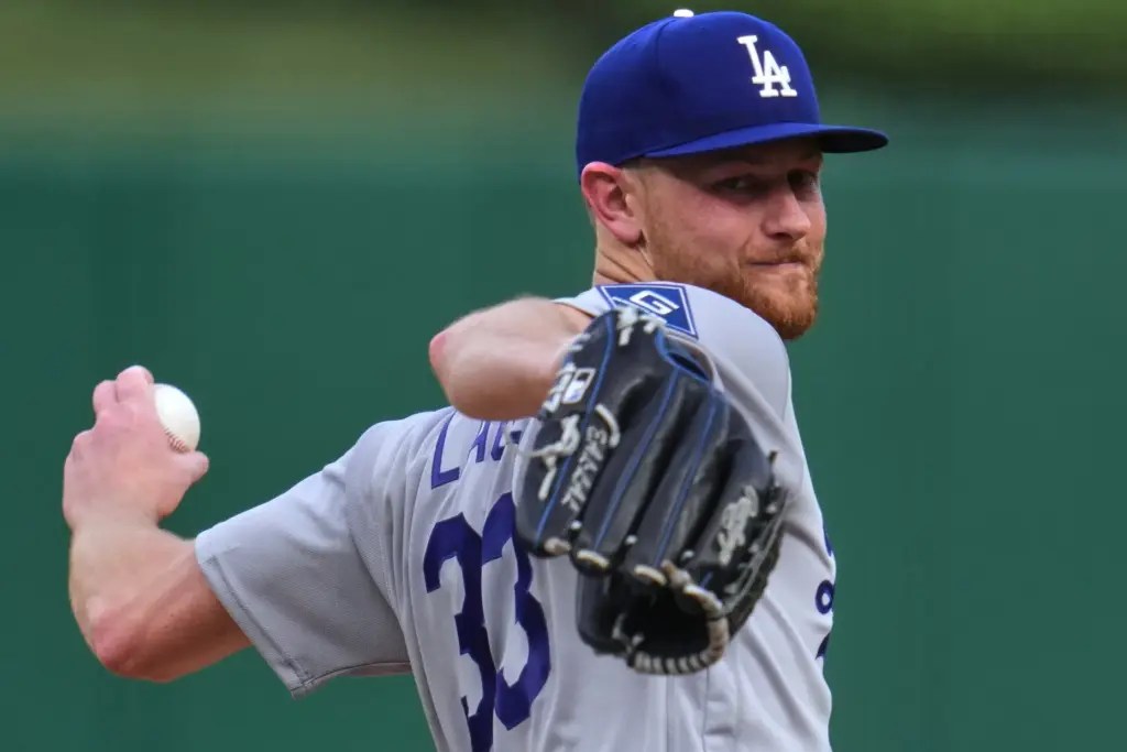 Dodgers starting pitcher Eric Lauer throws to the plate during...