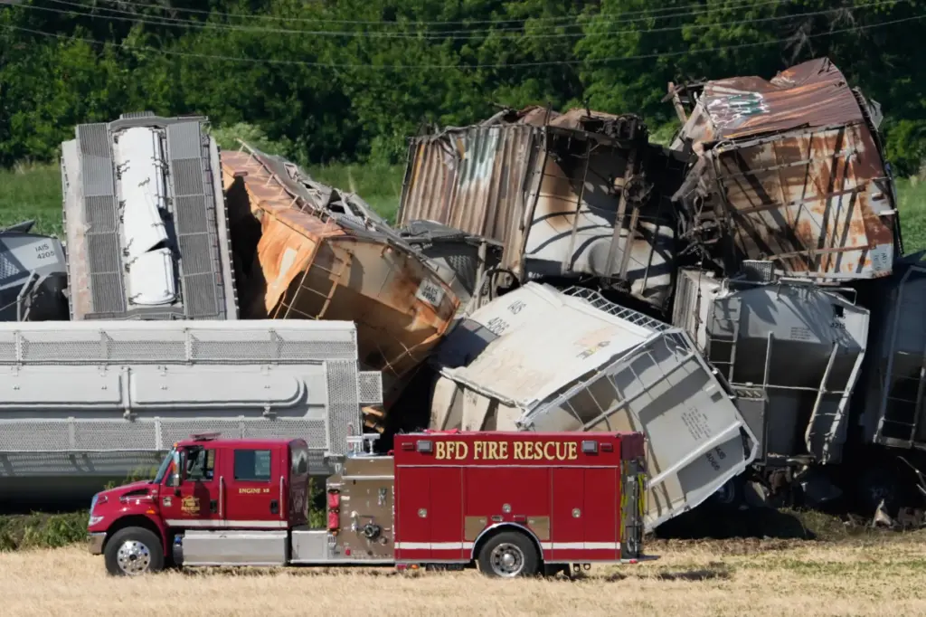 A fire truck sits near damage after a train derailed...