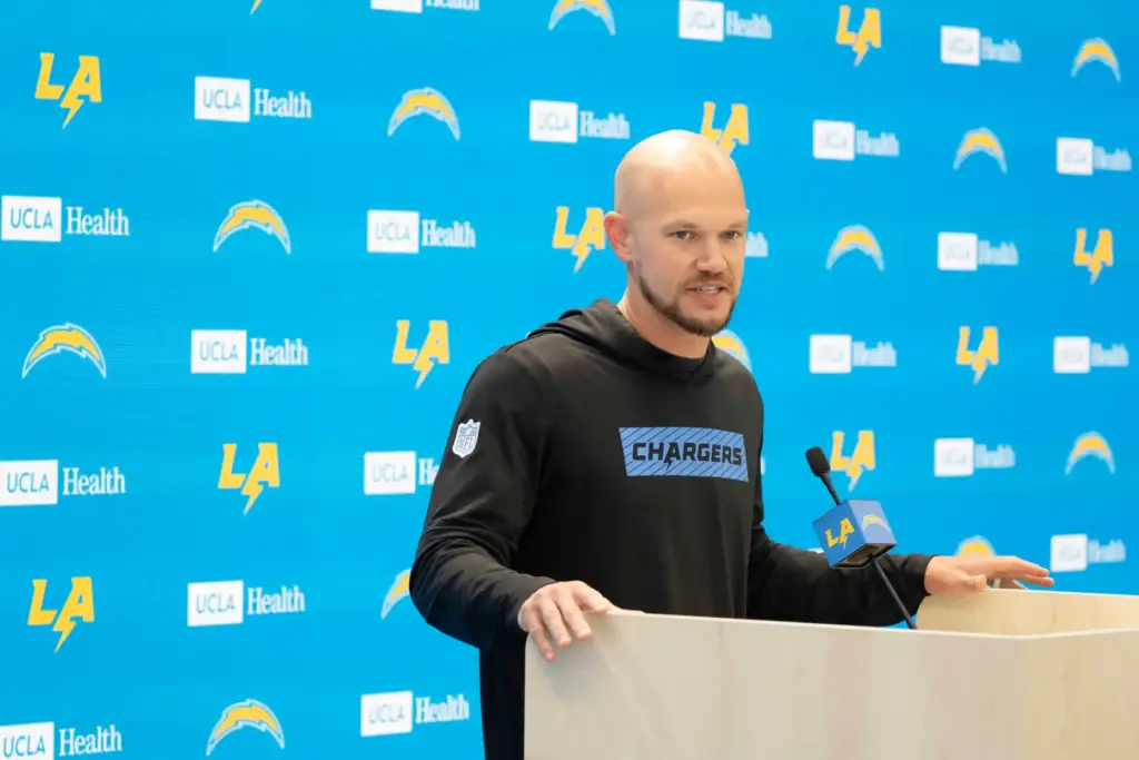 Chargers defensive coordinator Chris OâLeary takes questions during a press...