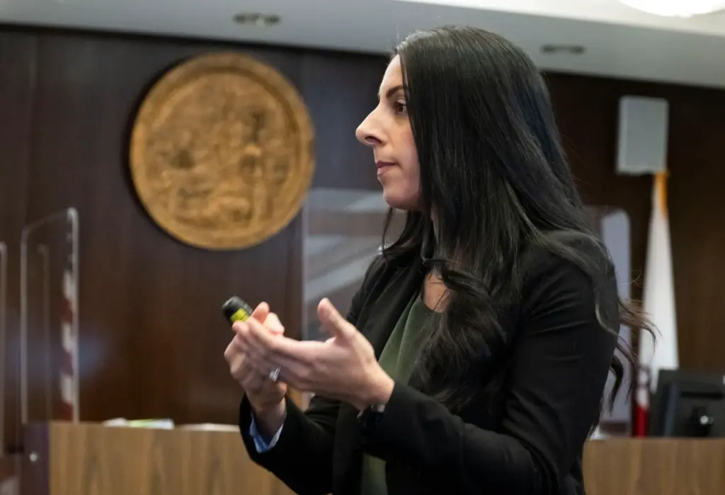 Deputy District Attorney Danica Drotman gives her opening statement in...