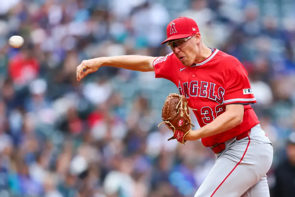 Angels starting pitcher Ryan Johnson throws to the plate during...