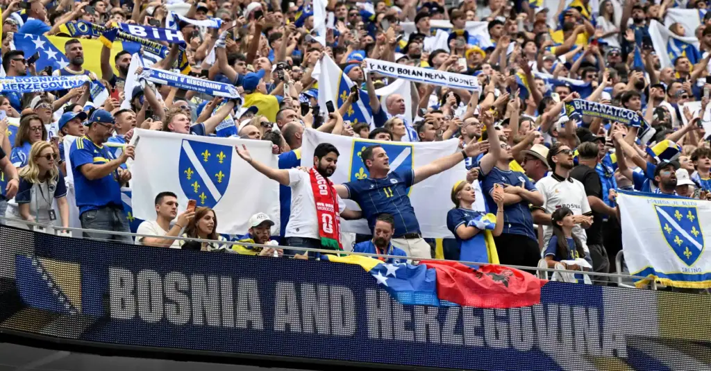 Bosnia-Herzegovina fans cheer during pregame activities prior to playing Switzerland...