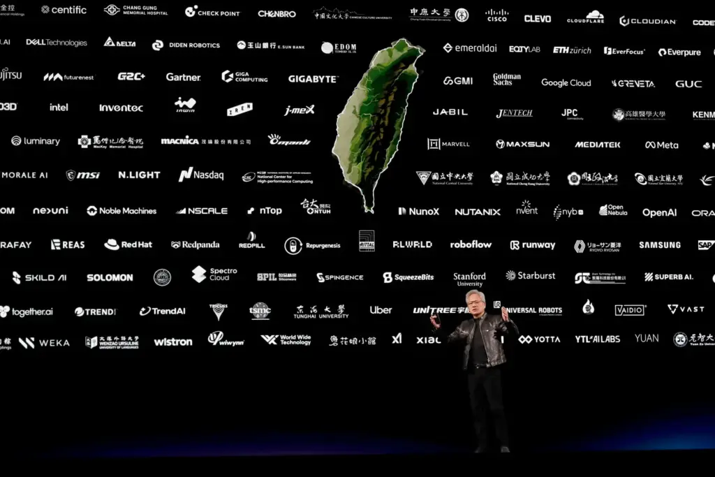 Nvidia CEO Jensen Huang delivers a speech during the Computex 2026 exhibition.