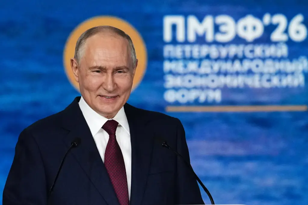 Russian President Vladimir Putin addresses a plenary session.