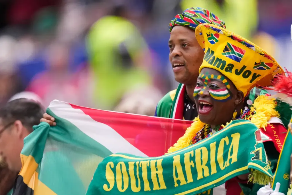 Fans of South Africa cheer during a World Cup round...