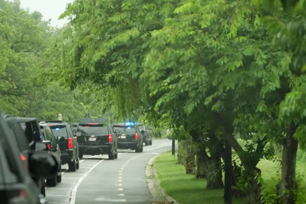 A motorcade for President Donald Trump arrives to tour East...